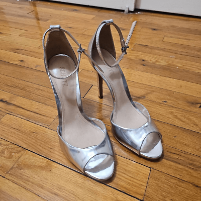 #ad Schutz Heel Silver Shoes Size 9.5B Saasha Lee Metallic Leather Open Toe Ankle St $45.00