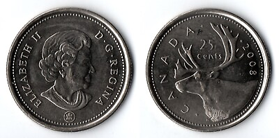 #ad Canada 2008 RCM 25 Cents KM# 493 Plated Queen Elizabeth II Caribou Value $1.74