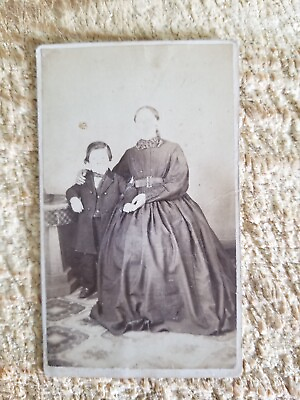 #ad MOTHER amp; BOY WITH ERASED FACESIDENTIFIED.VTG 1800#x27;S MINIATURE POCKET SIZE PHOTO $5.65