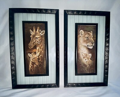 #ad Pair Of Framed Ruane Manning quot;Proud Motherquot; Lithograph Print Giraffes amp; Lions $29.99