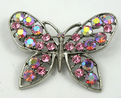 #ad Vintage Butterfly Brooch Pin Silver Tone Pink Rhinestone Large Insect Bug $8.10