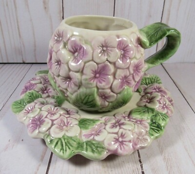 #ad Plate amp; Cup 3D Purple Flowers amp; Green Leaves 6quot; Round Plate Decorative Set. $7.77