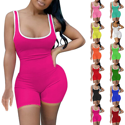 #ad Women#x27;s Jumpsuits Workout Solid Square Neck Sleeveless Sport Romper Bodysuits $12.82