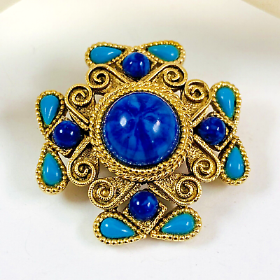 #ad Vintage MALTESE CROSS Faux Turquoise amp; Simulated Lapis Gold Tone Brooch Pin $29.99
