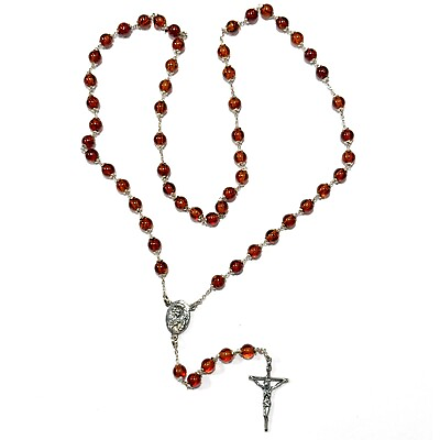 #ad 925 Solid Sterling Silver Cognac Baltic Amber Rosary Prayer Beads Necklace 22 in $39.99