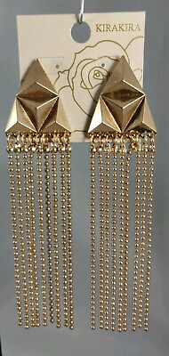 #ad Kira Kira Gold Triangle Stud Earrings With Rows Of Dangling Gold Beads $7.99
