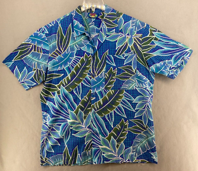 #ad Hawaii Blues Mens Hawaiian Shirt Large Blue Floral Tropical Leaves $14.24