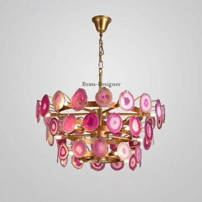 #ad Mid century Sputnik style Italian Chandelier Pink Agate Stone Ceiling Fixture $899.10