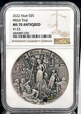 #ad 2022 Niue $5 Mankind#x27;s Mistakes Witch Trial 2 oz Silver Coin NGC MS 70 Antique $298.75