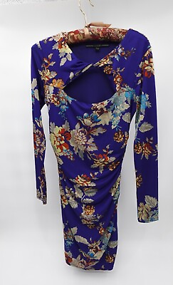 #ad Guess Dress Womens Small Blue Floral Bodycon Long Sleeve Chest Cut Out Lined $25.99