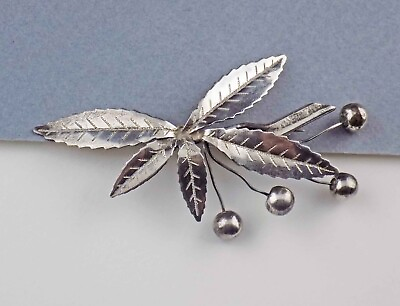 #ad Pre Eagle Mexico Sterling Brooch Pin Serrated Leaves w Berries Fruit 3 1 4quot; $19.58