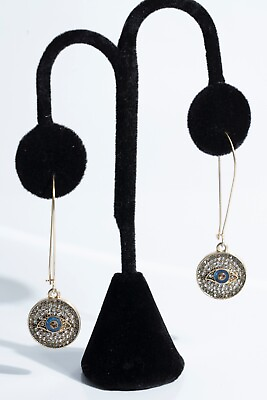 #ad Fashion Earrings Unsigned Quirky Eye Dangle Goldtoned w Mini Rhinestones $7.99