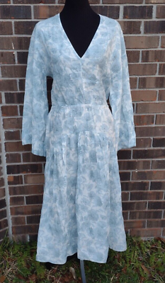 #ad Vince Dress Women Medium Blue Floral Dahlia Double V neck Cut out Back Midi new $148.00
