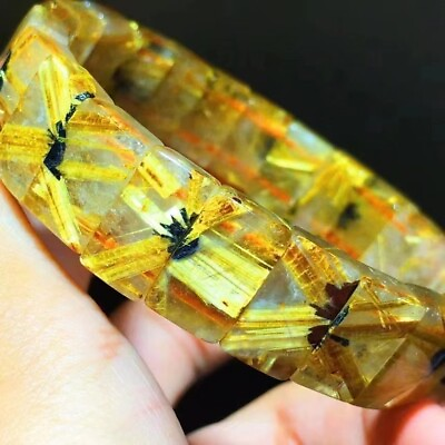 #ad Natural Titanium Rutilated Quartz Crystal Golden Gems Rectangle Bracelet Bangle $390.00