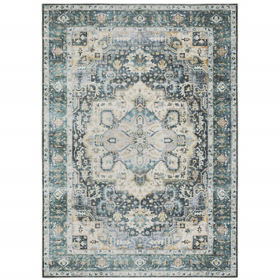 #ad 2#x27; X 3#x27; Blue Ivory Teal Brown And Gold Oriental Printed Stain Resistant Non Skid $47.49
