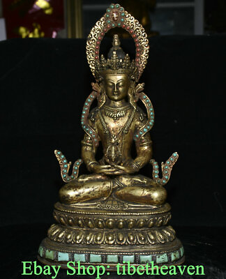 #ad 11.2quot; Old Tibetan Gold Gems Buddhism Amitayus longevity Goddess Sculpture $1201.50