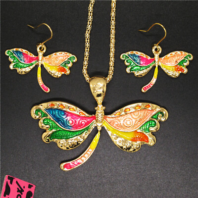 #ad Hot Fashion Women Colorful Enamel Dragonfly Crystal Chain Necklace Earring Set $5.30