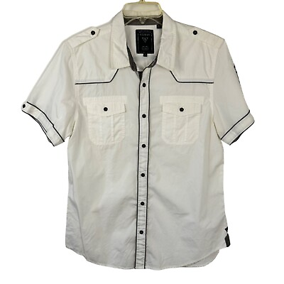 #ad Guess White Short Sleeve Cotton Button Up Grey Trim Logo Pockets Men#x27;s Large EUC $18.97