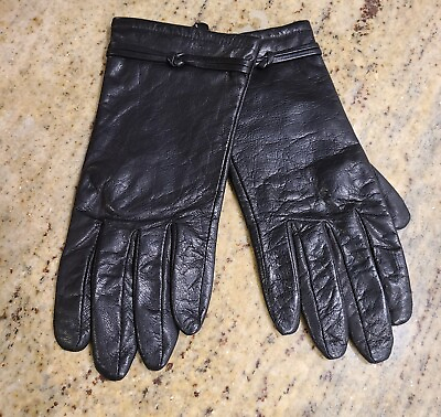 #ad New Size L Women#x27;s Black Leather Gloves 9.5quot; Knit Lined Knotted Strap Accent $19.99