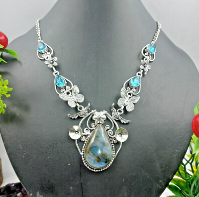 #ad 925 Sterling Silver Labradorite Topaz Gemstone Handmade Jewelry Necklace $17.50
