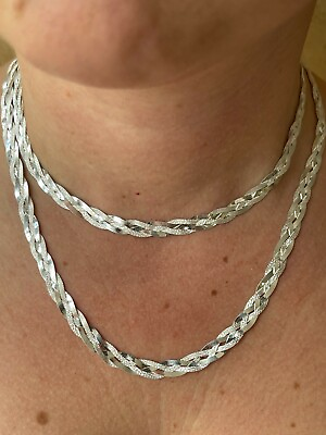 #ad Ladies Solid 925 Sterling Silver Braided Herringbone Chain Necklace Diamond Cut $58.12