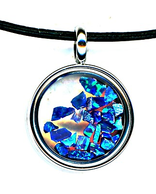 #ad FLOATING BLUE OPAL CHIPS in silver glass Pendant leather cord and silver chain AU $19.95