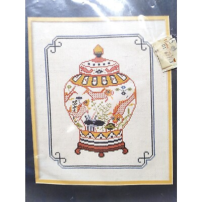 #ad Vintage 1987 BERNAT Counted Crosstitch Kit Goldfish Jar Fish Vase H04168 9x12” $14.95