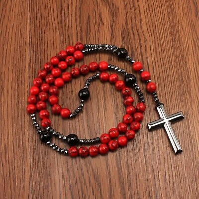 #ad Cross Necklace Men 8mm Red Pine Stone Black Agate Gallstone Rosary Chain Men New $15.98
