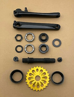 #ad GENUINE 3 PIECE STEEL 175MM LONG CRANK SET IN BLACK WITH GOLD ALLOY SPROCKET. $92.79