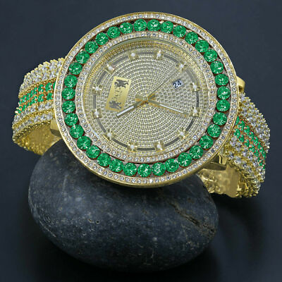 #ad Real Diamond Dial Mens Custom Watch Emerald Green 18K Yellow Gold Finish W Date $299.99