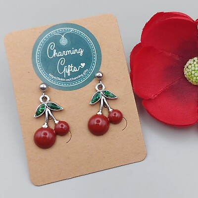 #ad Red Cherry Stud Earrings Hand Painted Tibetan Silver Charms Charming Gifts. GBP 9.95