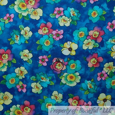 #ad BonEful Fabric FQ Cotton Quilt Aqua Blue Rainbow Flower Water Color Blossom Sale $5.25
