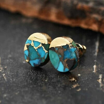 #ad Genuine Turquoise Gold Plated Women Healing Reiki Dainty Oval Stud Earrings Gift $15.50