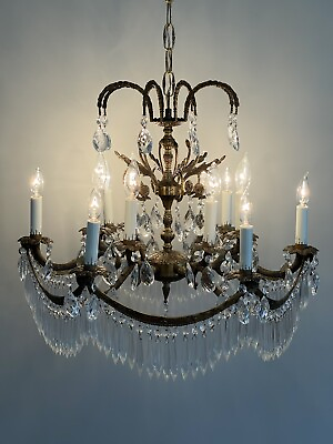 #ad Antique Vintage French Art Nouveau Crystal Brass Chandelier 12 Lights $2785.00