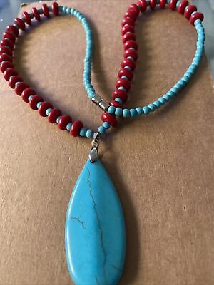 #ad rare Vintage Large Native American Silver Turquoise Red Coral Strand 24”Long $188.00