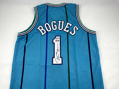 #ad Muggsy Bogues Signed Autographed Blue Stripe Charlotte Basketball Jersey COA $69.99
