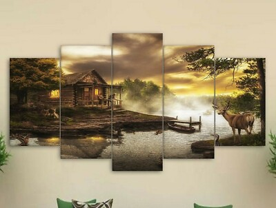 #ad Multi Panel Print Cabin by the Lake Canvas Wall Art Mountain Creek River 5 Piece $247.27