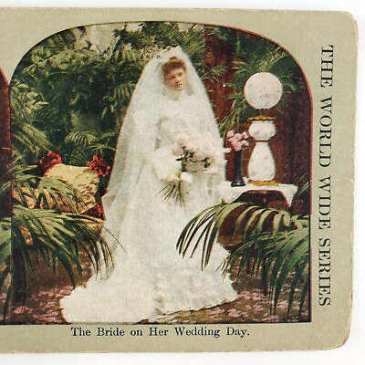 #ad Pretty Wedding Day Bride Stereoview c1905 Tinted Flowers Marriage Gown Card H454 $9.95