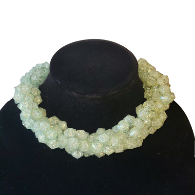 #ad 1980s Vintage Ice Bead Choker Necklace Green Tint Glacial Acrylic Couture Style $88.50