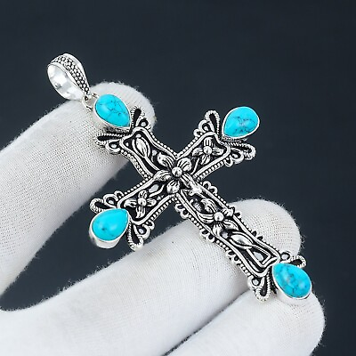 #ad Cross Tibetan Turquoise Silver Pendant Handmade 925 Sterling Silver Pendant $14.99