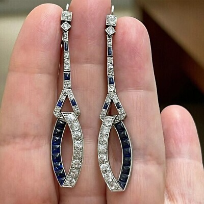 #ad Art Deco Style Lab Created Diamond amp; Blue Sapphire Drop Dangle Silver Earrings $71.05