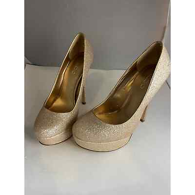 #ad Aldo Womens Gold Glitter Leather Platform Round Stiletto Heels Pumps Size 37 6.5 $15.00