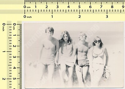 #ad Two Couples Shirtless Muscular Guys Men Trunks Bikini Women Beach vintage photo $14.95