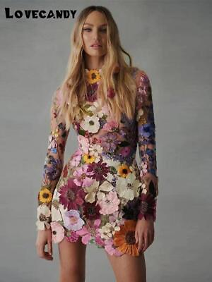 #ad #ad Party Dresses Women O Neck Long Sleeves 3D Flower Lace Applique Dresses $62.07