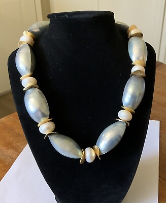 #ad Shimmering Silver Mouth Shell Necklace Choker Blue tone Lustrous Baroque Pearls $92.99