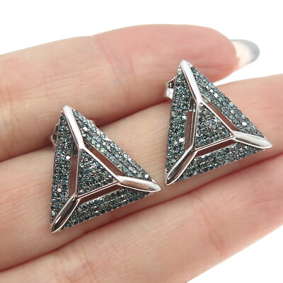 #ad 925 Sterling Silver Real Round Cut Fancy Blue Diamond Triangle Earrings $124.95