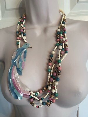 #ad Peacock vintage pink and blue shell beaded necklace $85.00