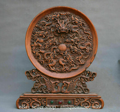 #ad 14quot; Old Chinese Huanghuali Wood Dynasty Nine Dragon Bead Folding Screen Statue EUR 240.00