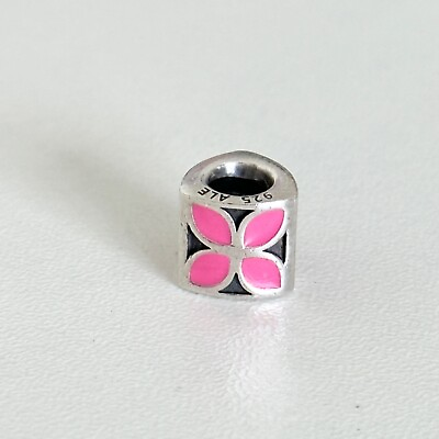 #ad Pandora 925 Sterling Silver Retired Pink Enameled Floral Flower Block Charm $29.99