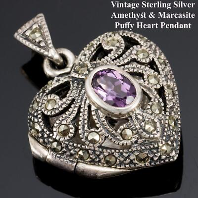#ad VIntage Puffy Heart Necklace Pendant AMETHYST Marcasite Bracelet Charm Sterling $40.67
